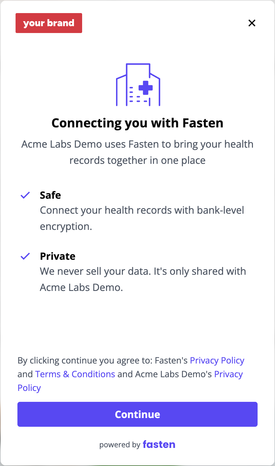 Fasten widget with a custom Your Brand logo, purple accents, and a light background