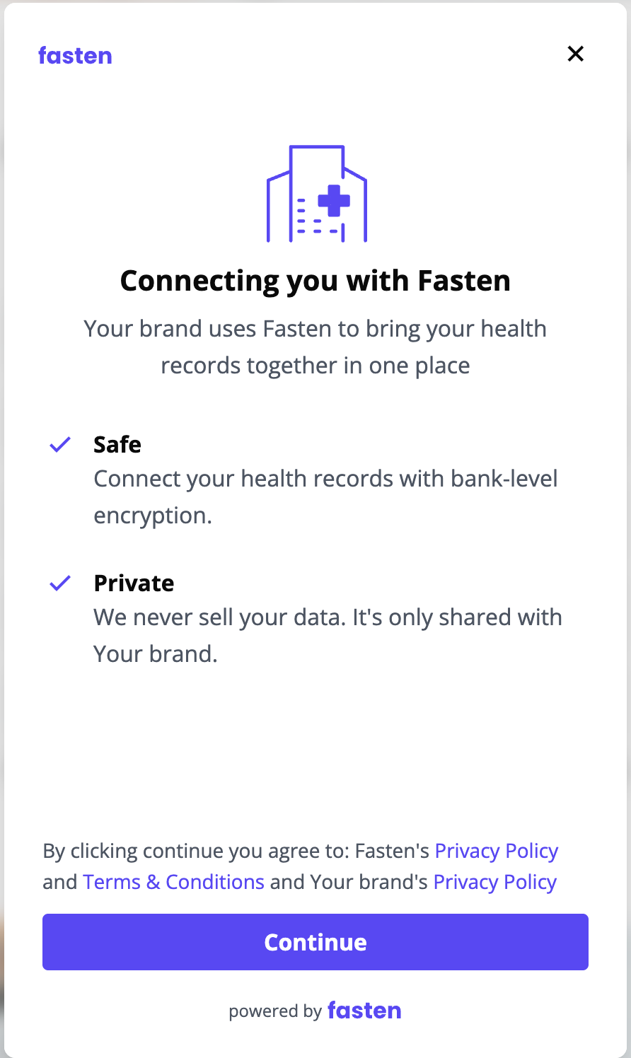 Default Fasten widget with the Fasten logo, purple accents, and a light background