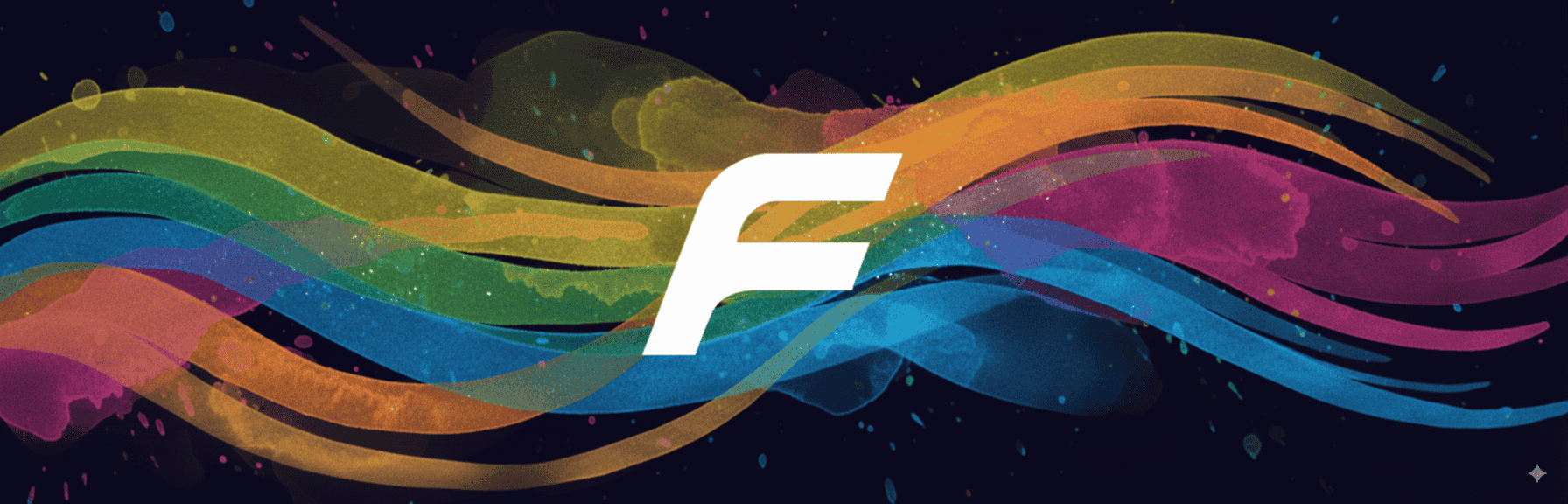 'F' logo on a watercolor background