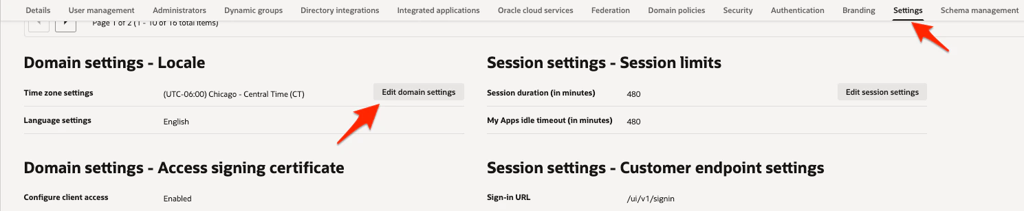 OCI console showing the Edit Domain Settings button in the IAM Domain settings page