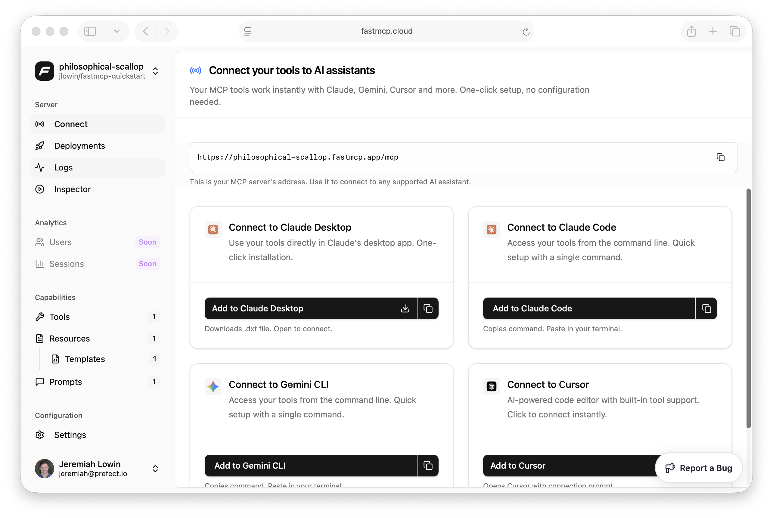 FastMCP Cloud Connection Screen
