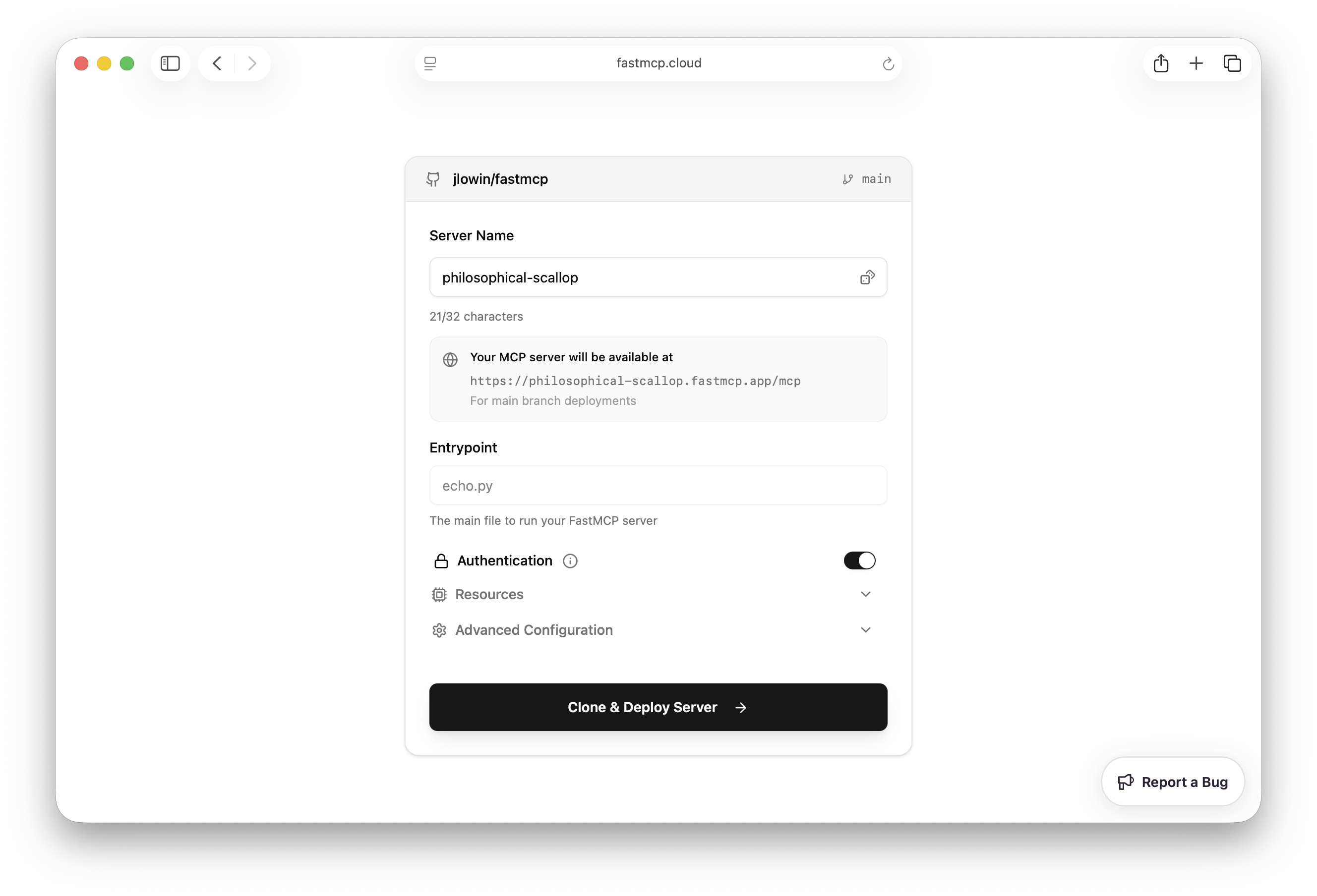 FastMCP Cloud Configuration Screen