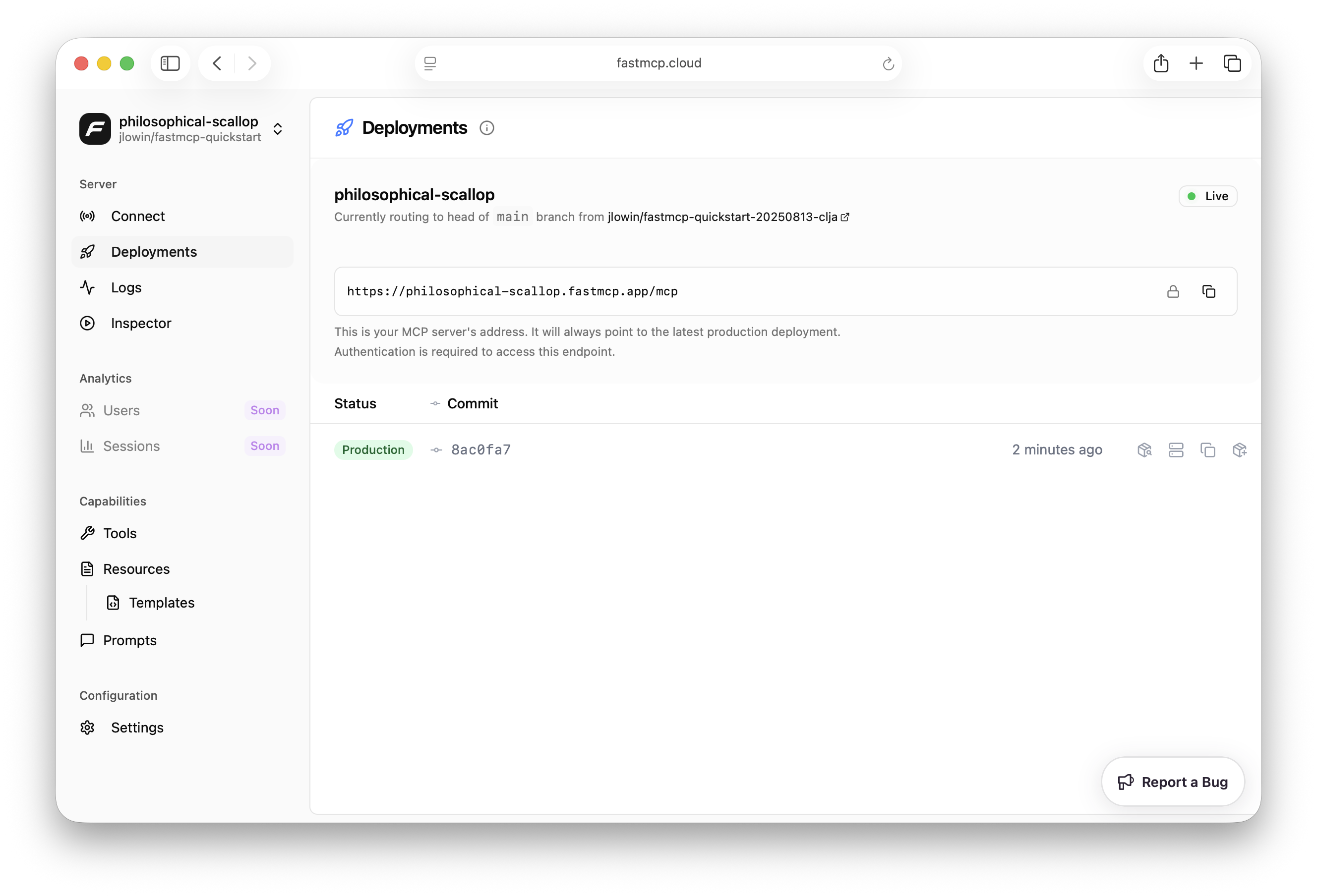 FastMCP Cloud Deployment Screen