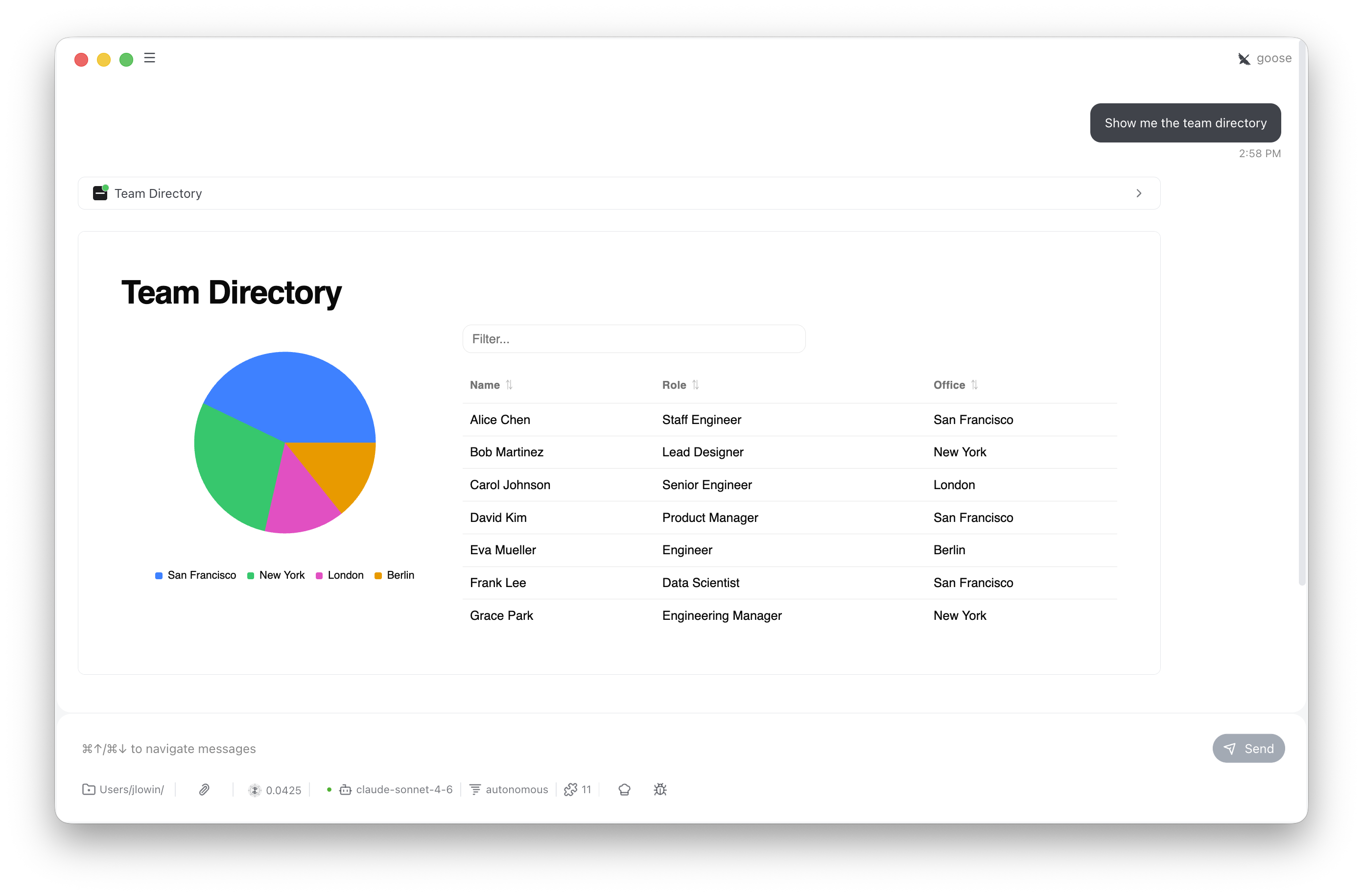 A team directory app with a pie chart and sortable data table, rendered inside a conversation in Goose