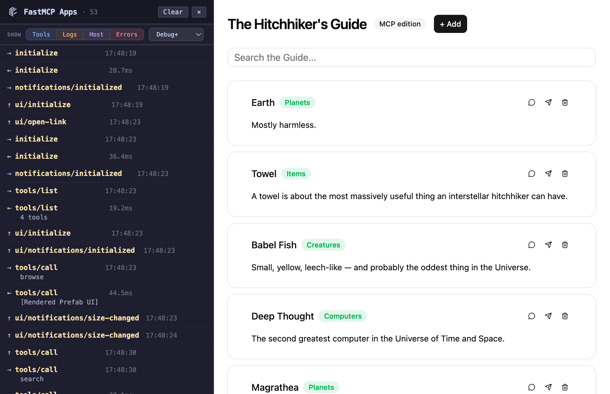 The dev UI showing a rendered Prefab app with the MCP inspector panel