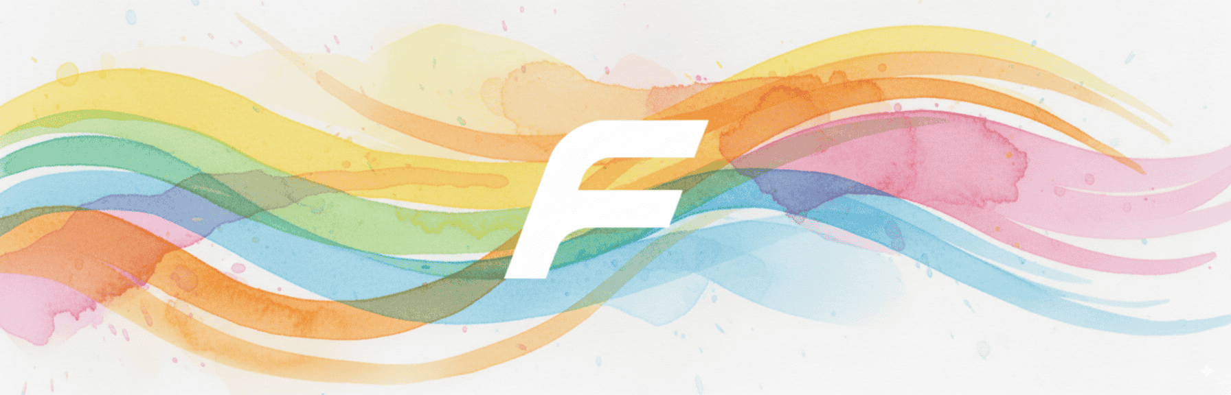 'F' logo on a watercolor background