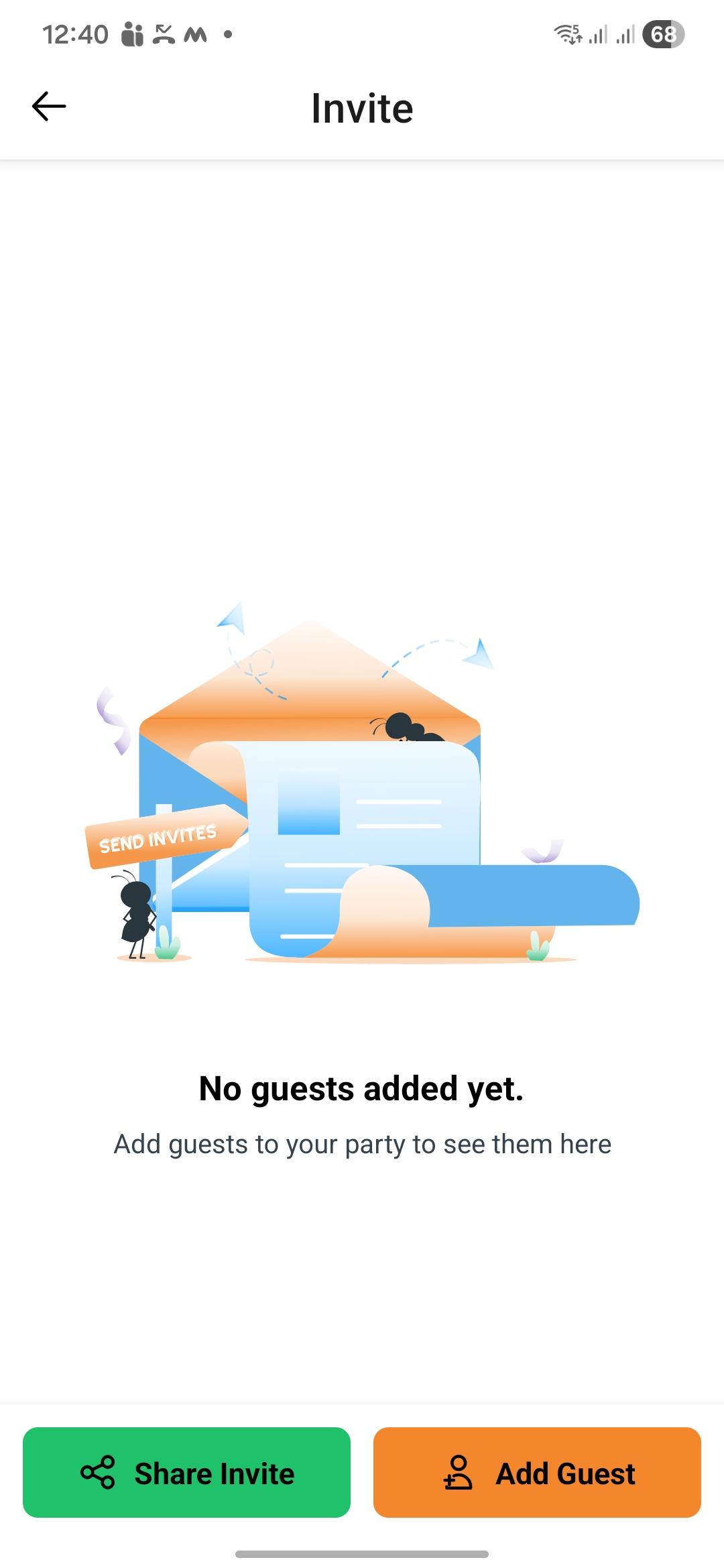 Empty invite screen with Share Invite and Add Guest options