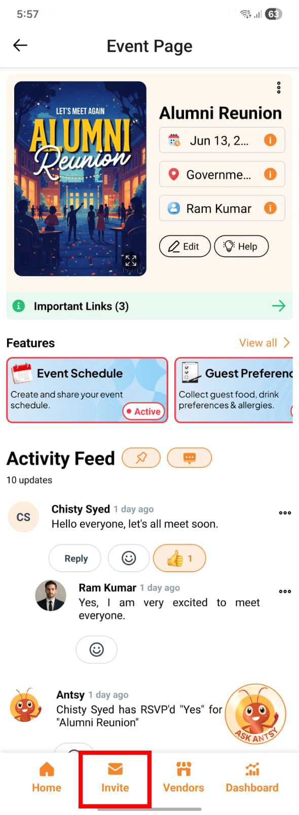 Invite icon on event page bottom nav