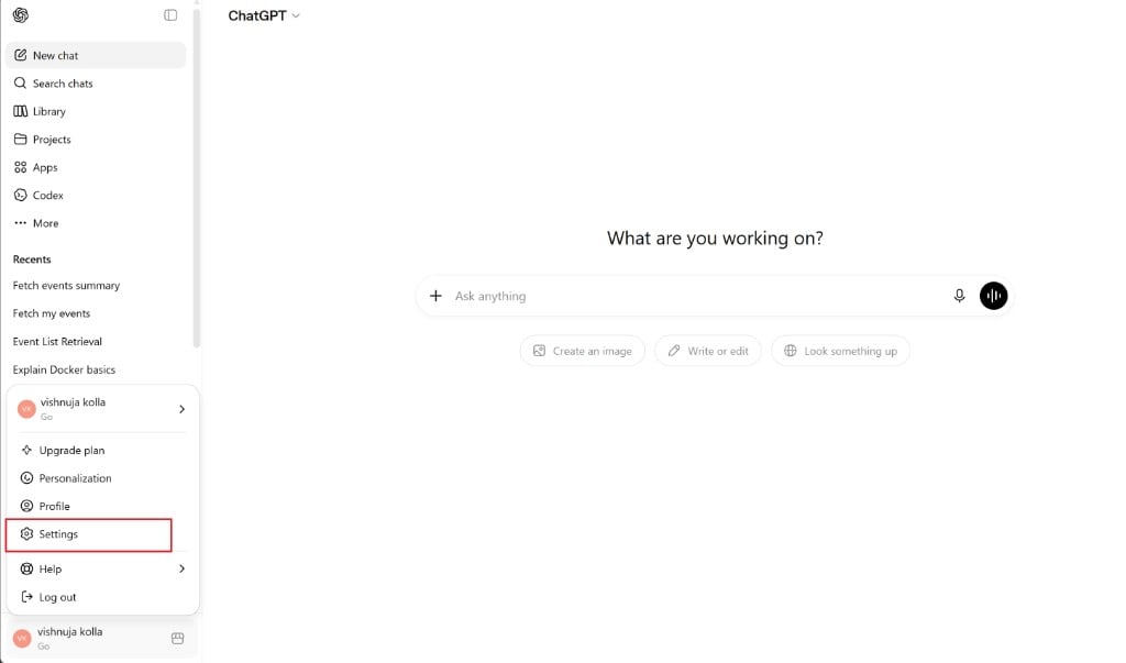 ChatGPT sidebar — open profile menu and click Settings