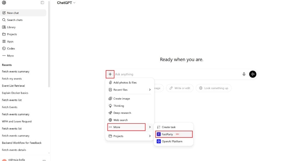 Message bar — click + then More and select FastParty
