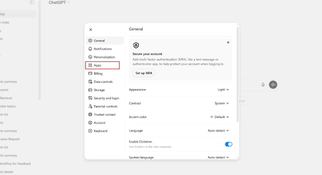 ChatGPT Settings — Apps section in the sidebar