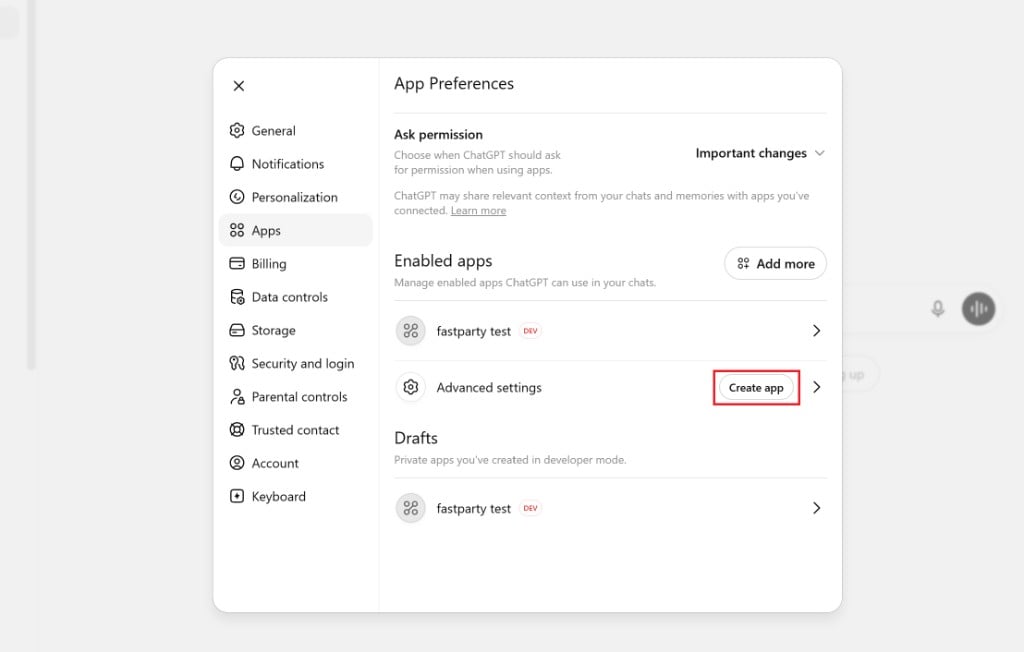 App Preferences — click Create app under Advanced settings