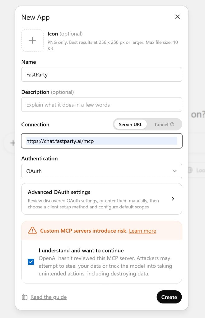 New App dialog with FastParty name, MCP URL, and OAuth authentication