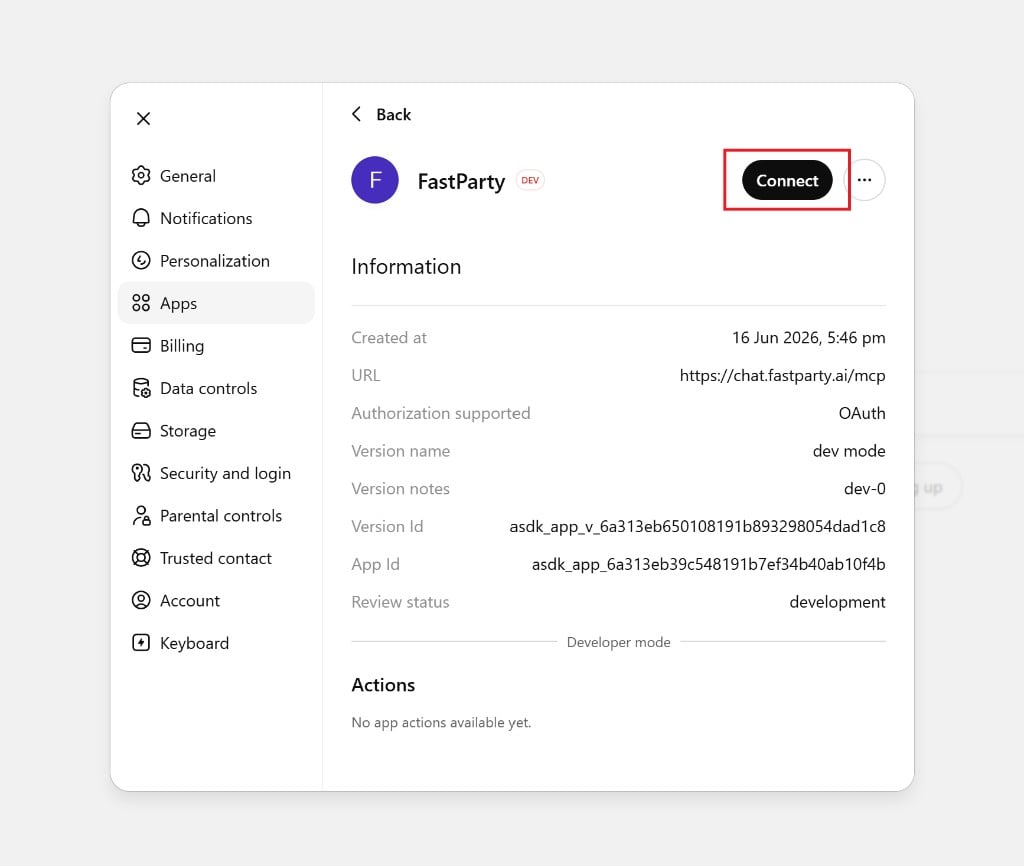 FastParty app details — click Connect
