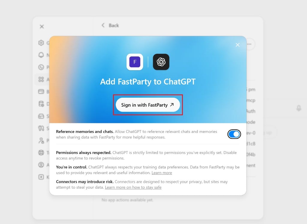 Add FastParty to ChatGPT — click Sign in with FastParty
