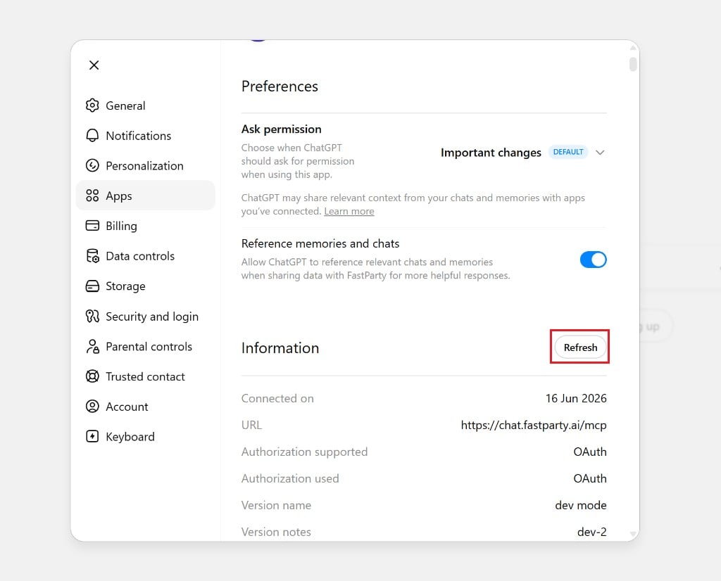 FastParty connected — app preferences and connection details