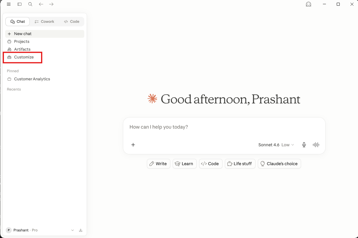 Claude home — click Customize in the left sidebar