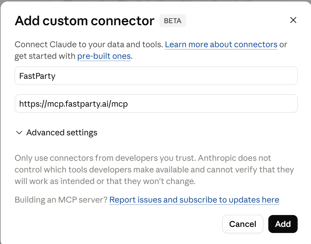 Add custom connector dialog with Fast Party name and MCP URL