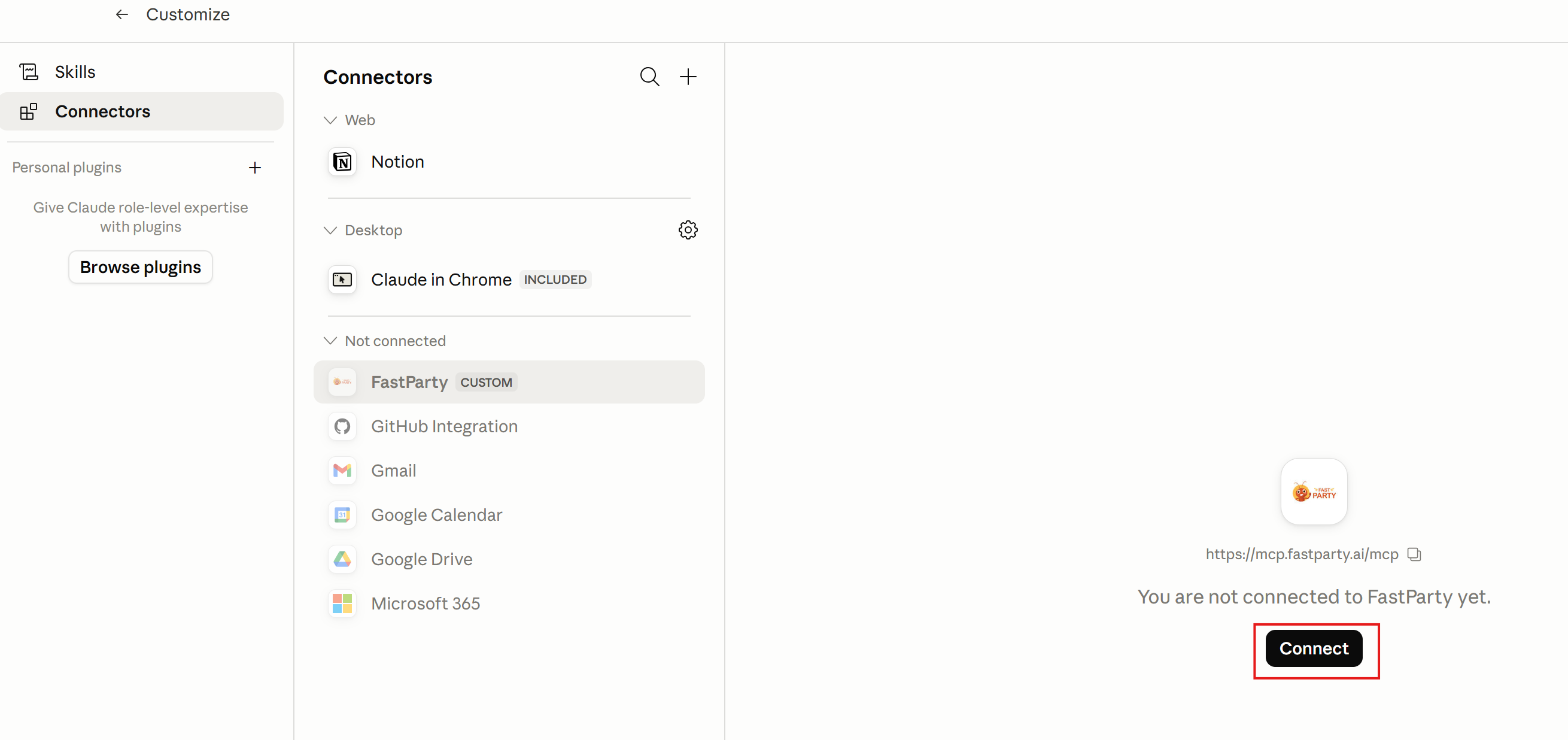 Fast Party CUSTOM connector listed — click Connect