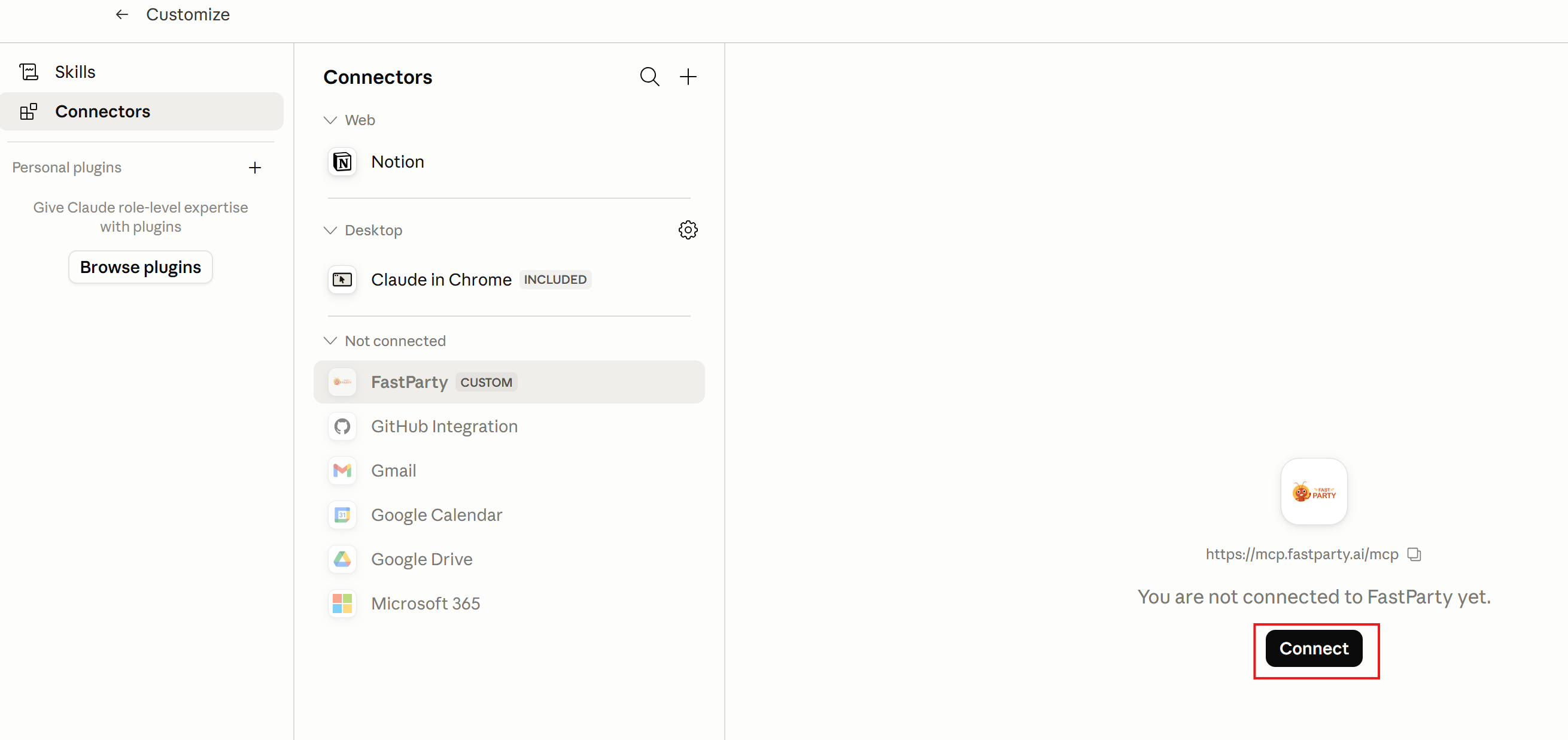 Fast Party CUSTOM connector listed — click Connect