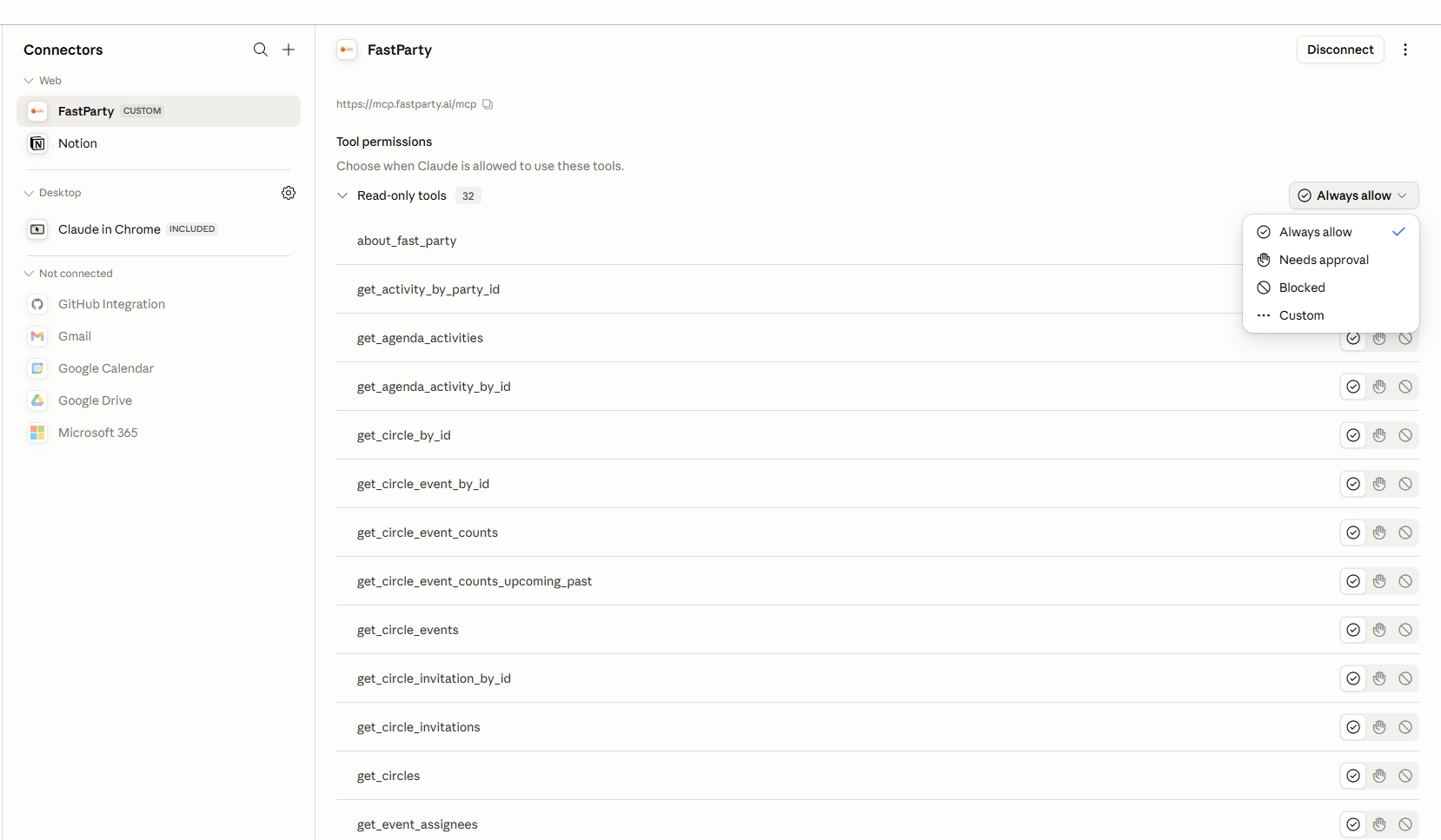 Fast Party connected — tool permissions visible in Claude