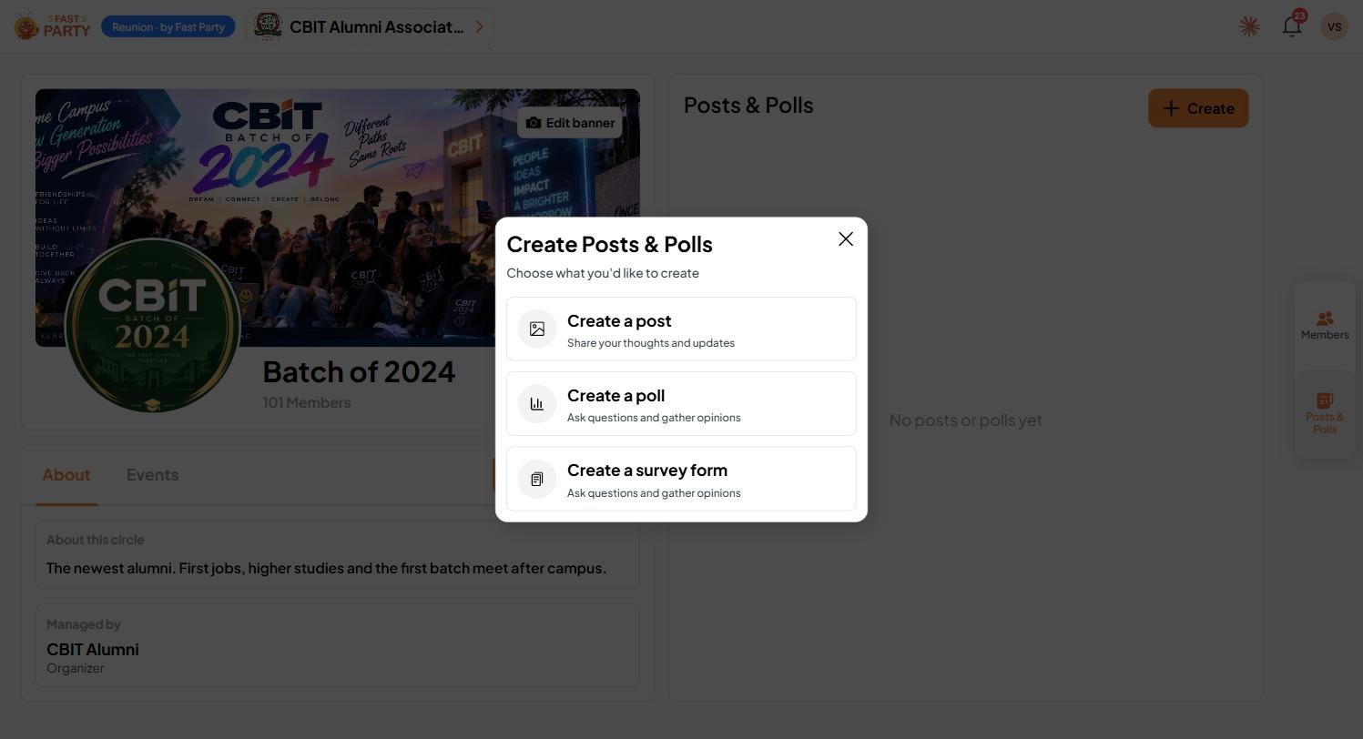Create Posts & Polls The Create Posts & Polls dialog with Create a post, Create a poll and Create a survey form