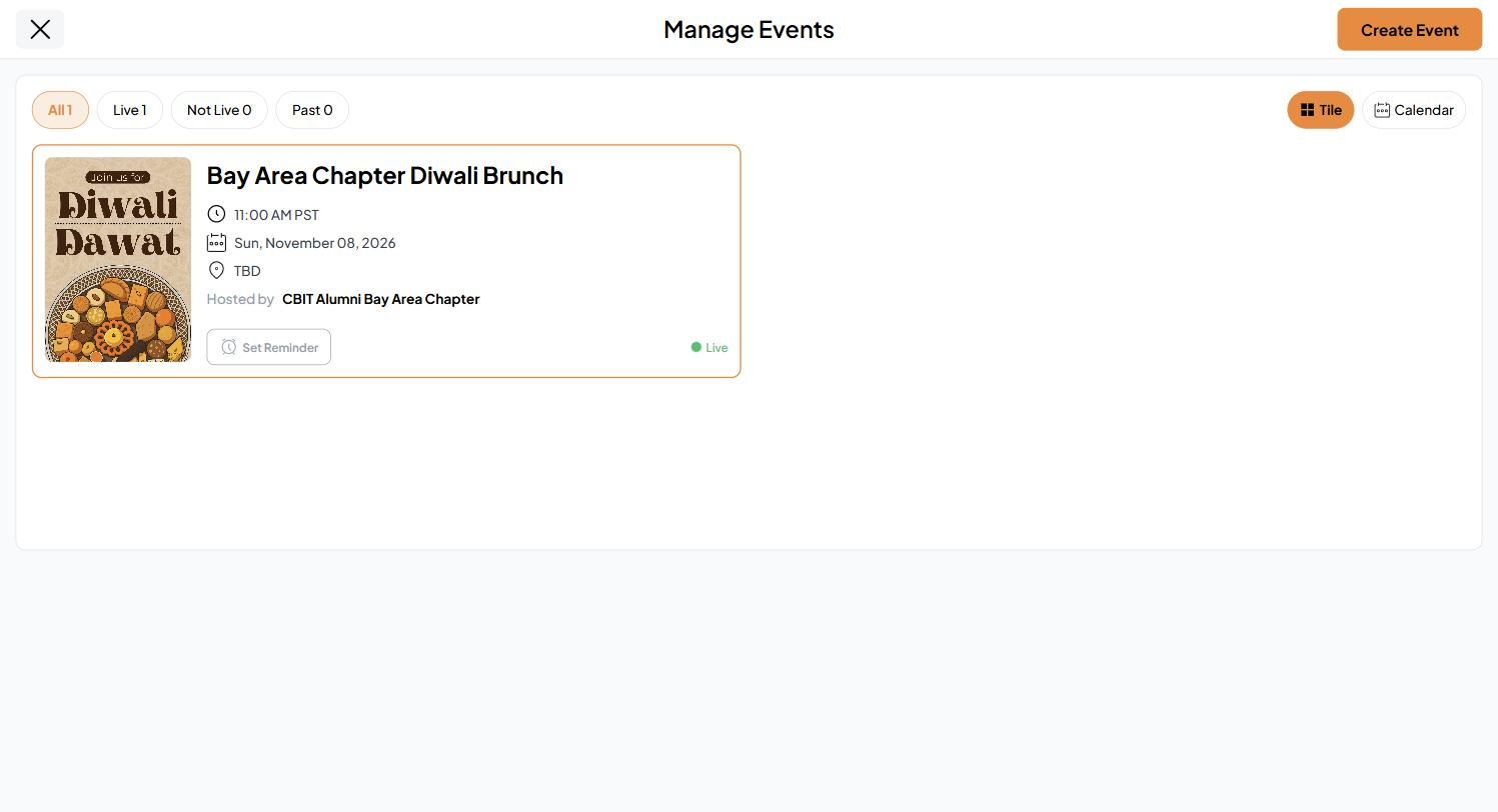 Manage Events with All, Live, Not Live and Past filters, Tile and Calendar views, and a Create Event button
