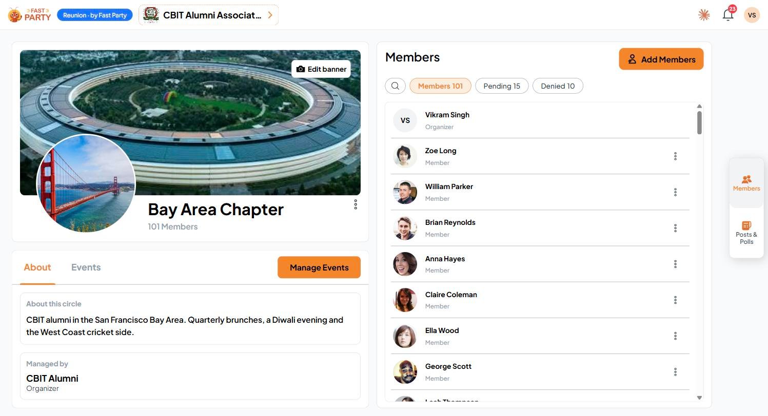 Circle Page A circle page with its banner, About and Events tabs, and the Members list