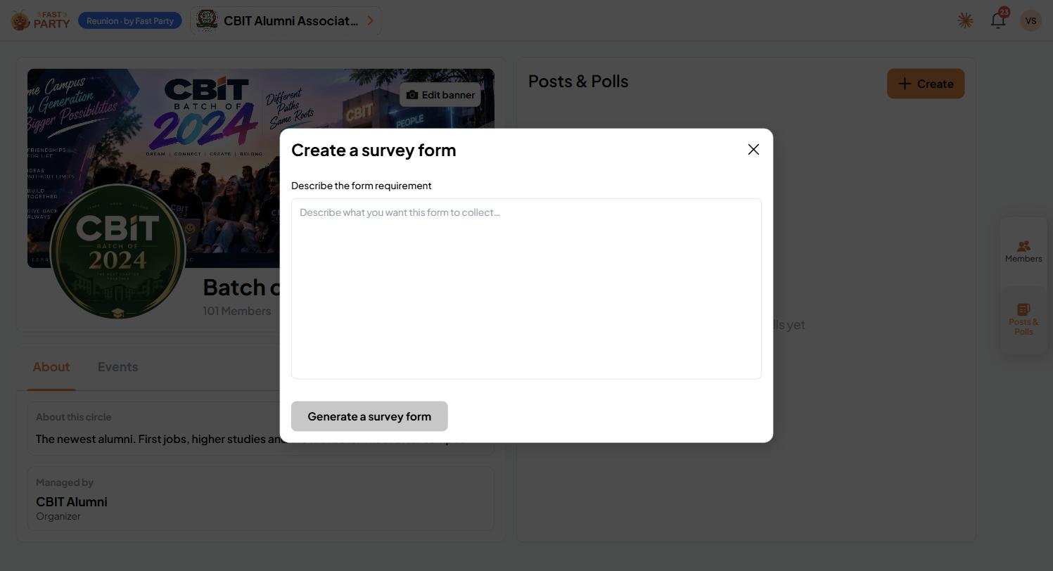 The Create a survey form dialog with a box to describe the form requirement and a Generate a survey form button