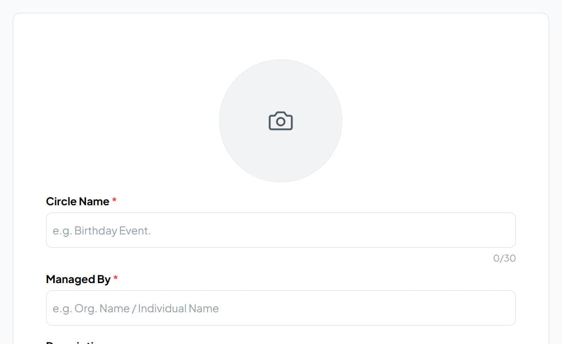 Create Circle The Create Circle form with a circle photo, Circle Name and Managed By fields