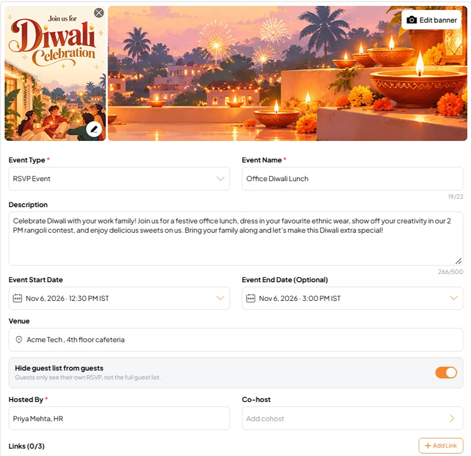 Fast Party event form for a Diwali celebration