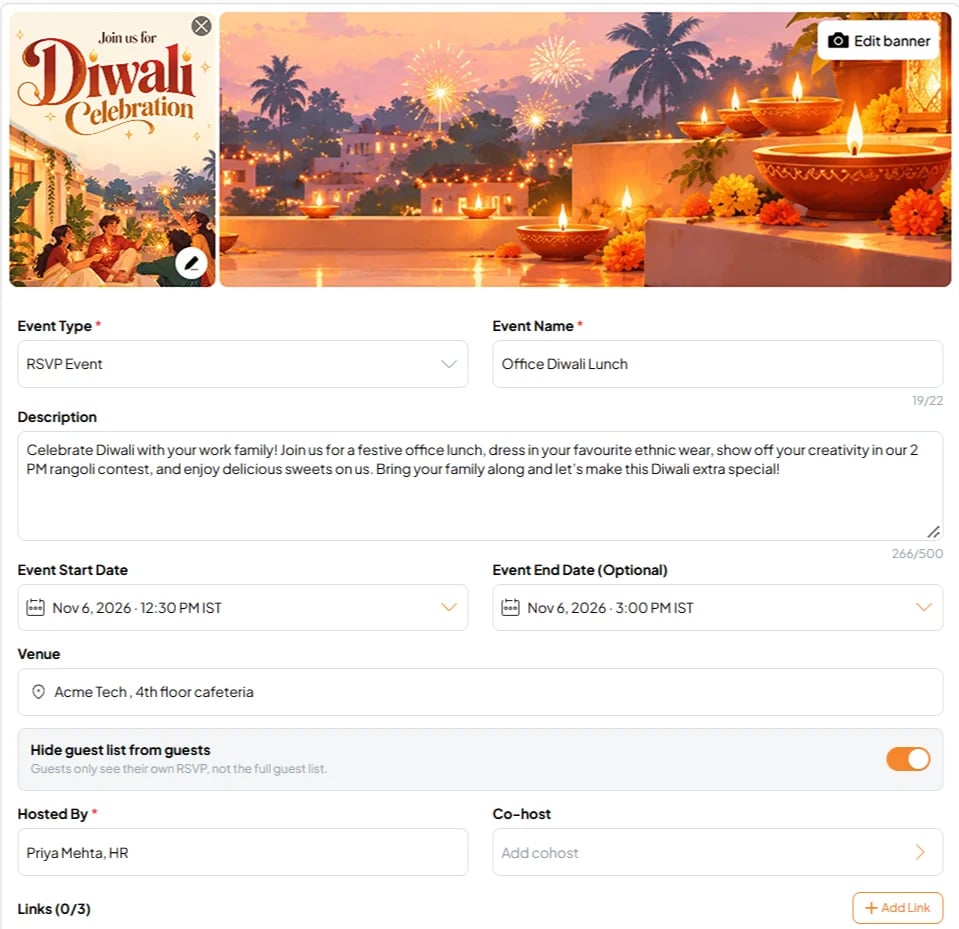Fast Party event form for a Diwali celebration