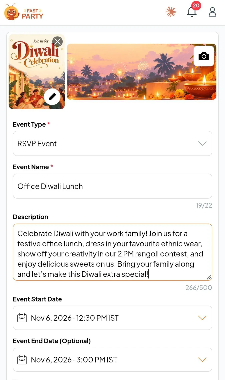 Fast Party event form on a phone