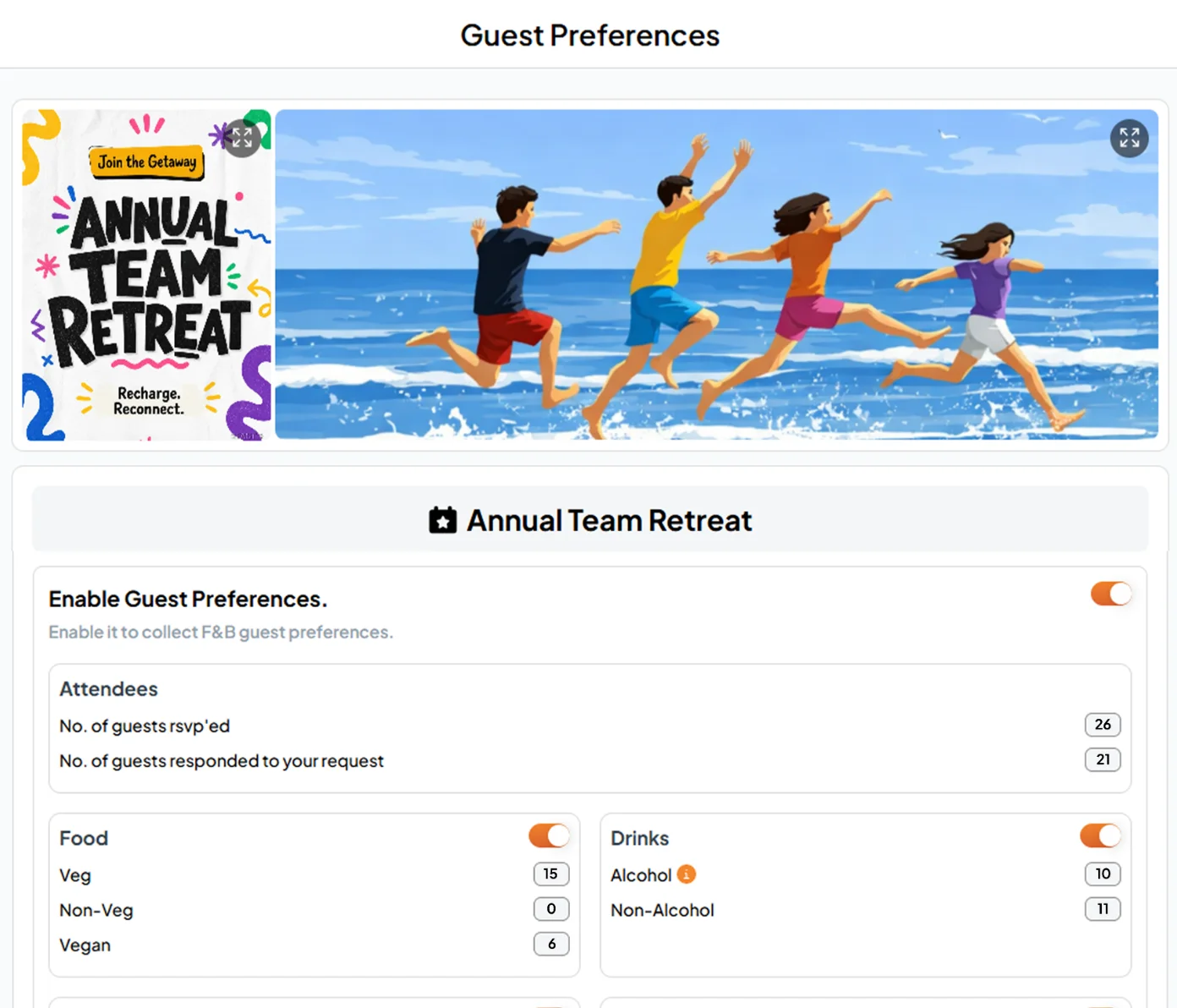 Guest preferences totals for food, drinks and allergies