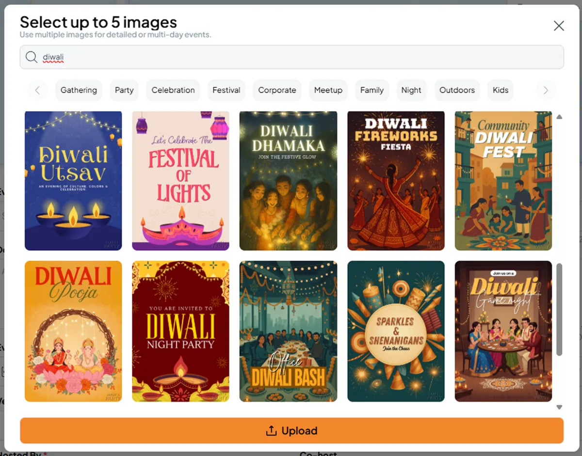 Fast Party invitation picker showing Diwali designs