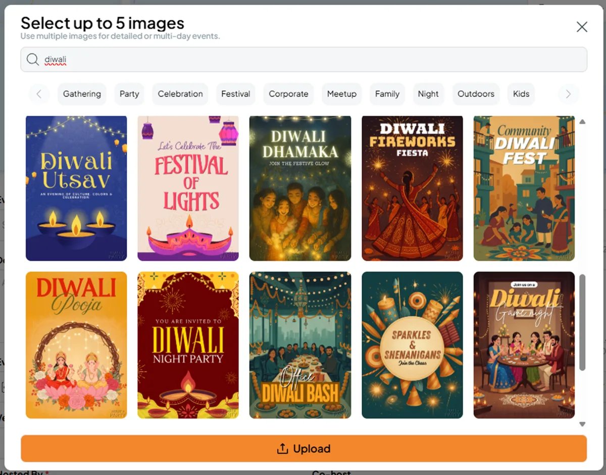 Fast Party invitation picker showing Diwali designs