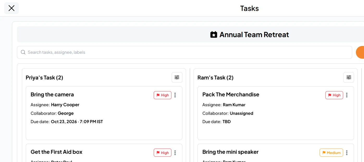Task board with owners, priorities and due dates