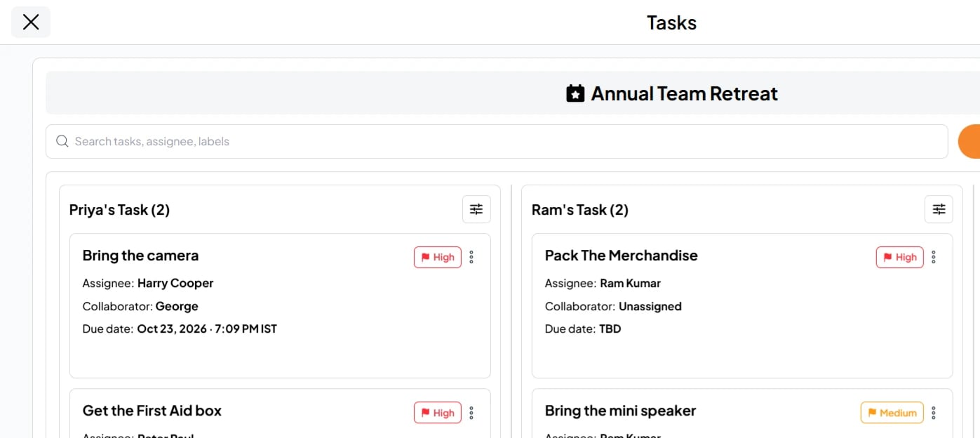Task board with owners, priorities and due dates