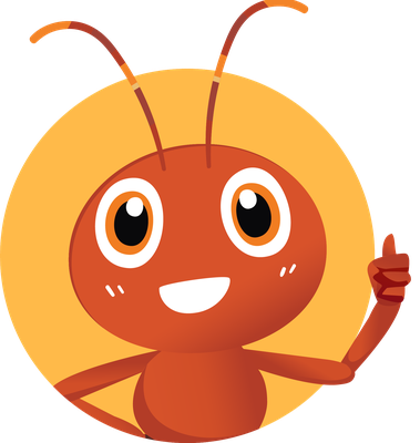 Antsy, the Fast Party mascot: a friendly orange ant giving a thumbs up
