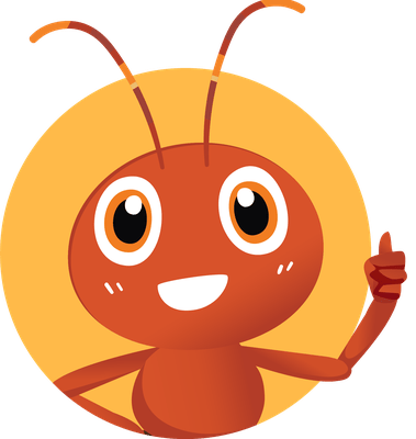 Antsy Antsy, the Fast Party mascot: a friendly orange ant giving a thumbs up