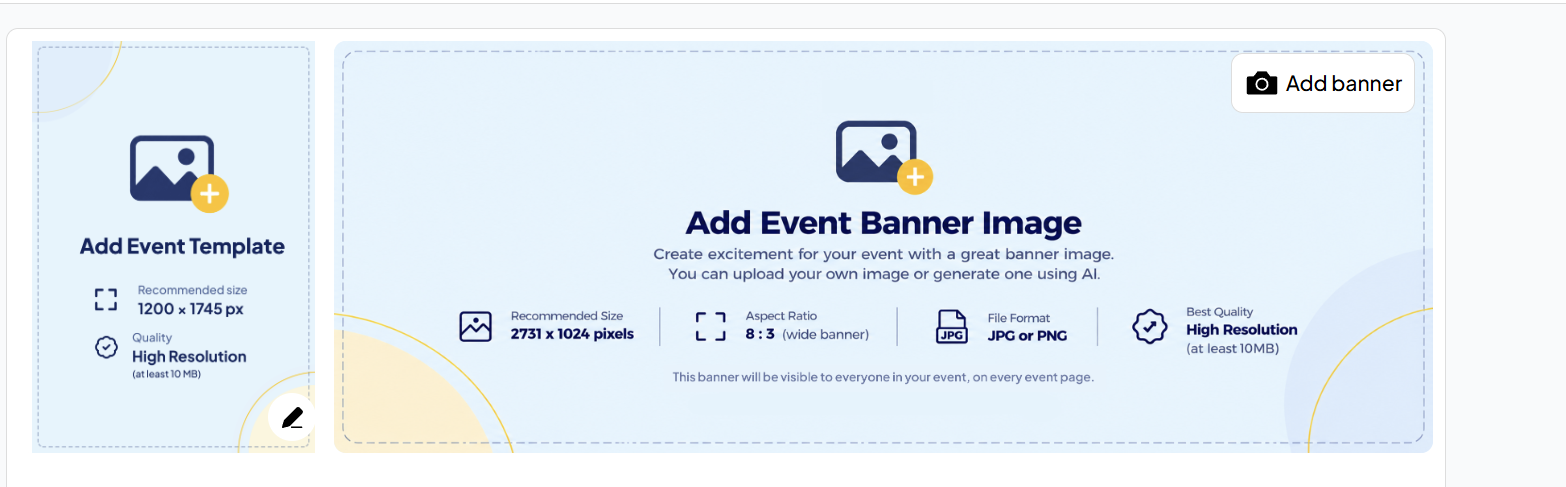 The Event Page with the Add Event Template panel on the left and the Add Event Banner Image panel on the right