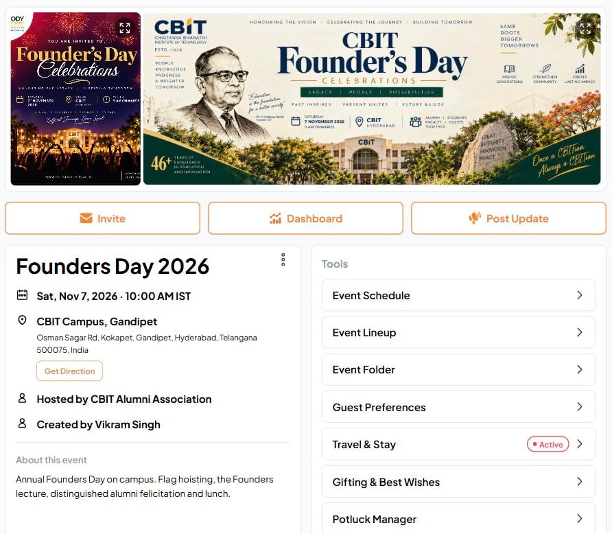 A Fast Party Event Page with banner, details and tools