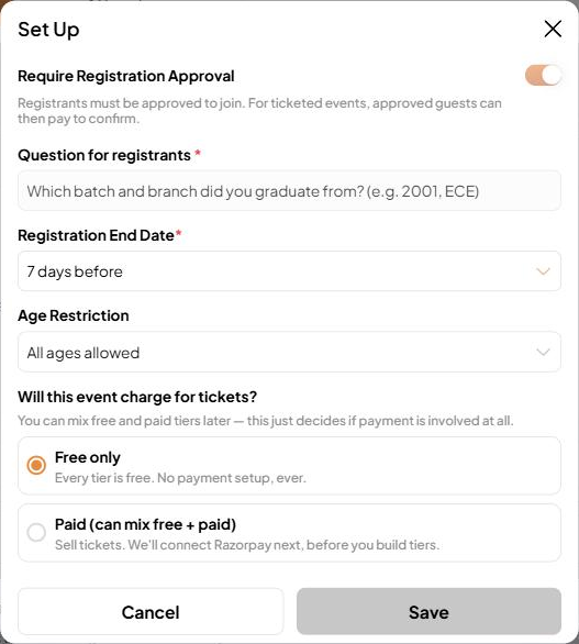 The Set Up dialog with Require Registration Approval, Question for registrants, Registration End Date, Age Restriction, and Free only or Paid