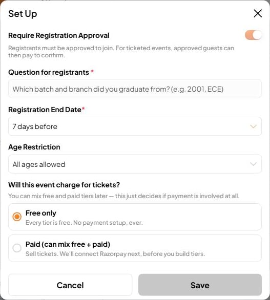 Registration Set Up The Set Up dialog with Require Registration Approval, Question for registrants, Registration End Date, Age Restriction, and Free only or Paid