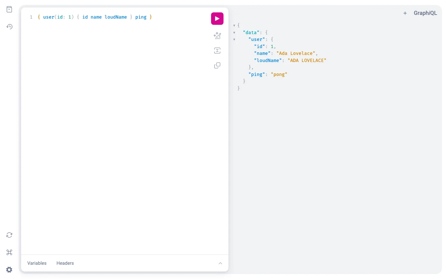 FastQL GraphQL playground showing a hello query and JSON response