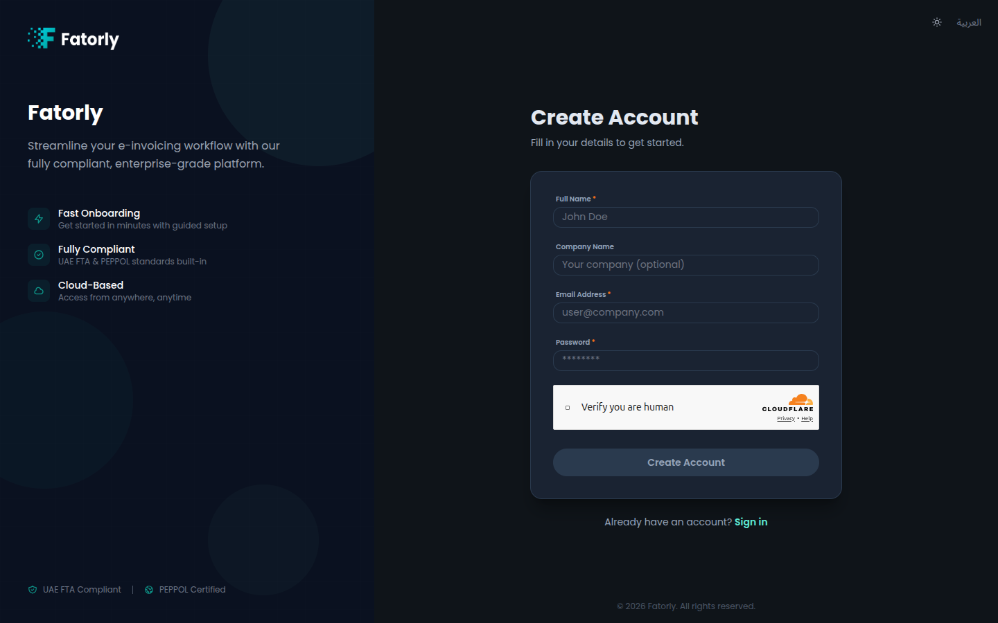 Fatorly Create Account page