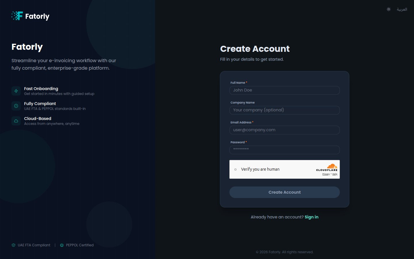 Fatorly Create Account page
