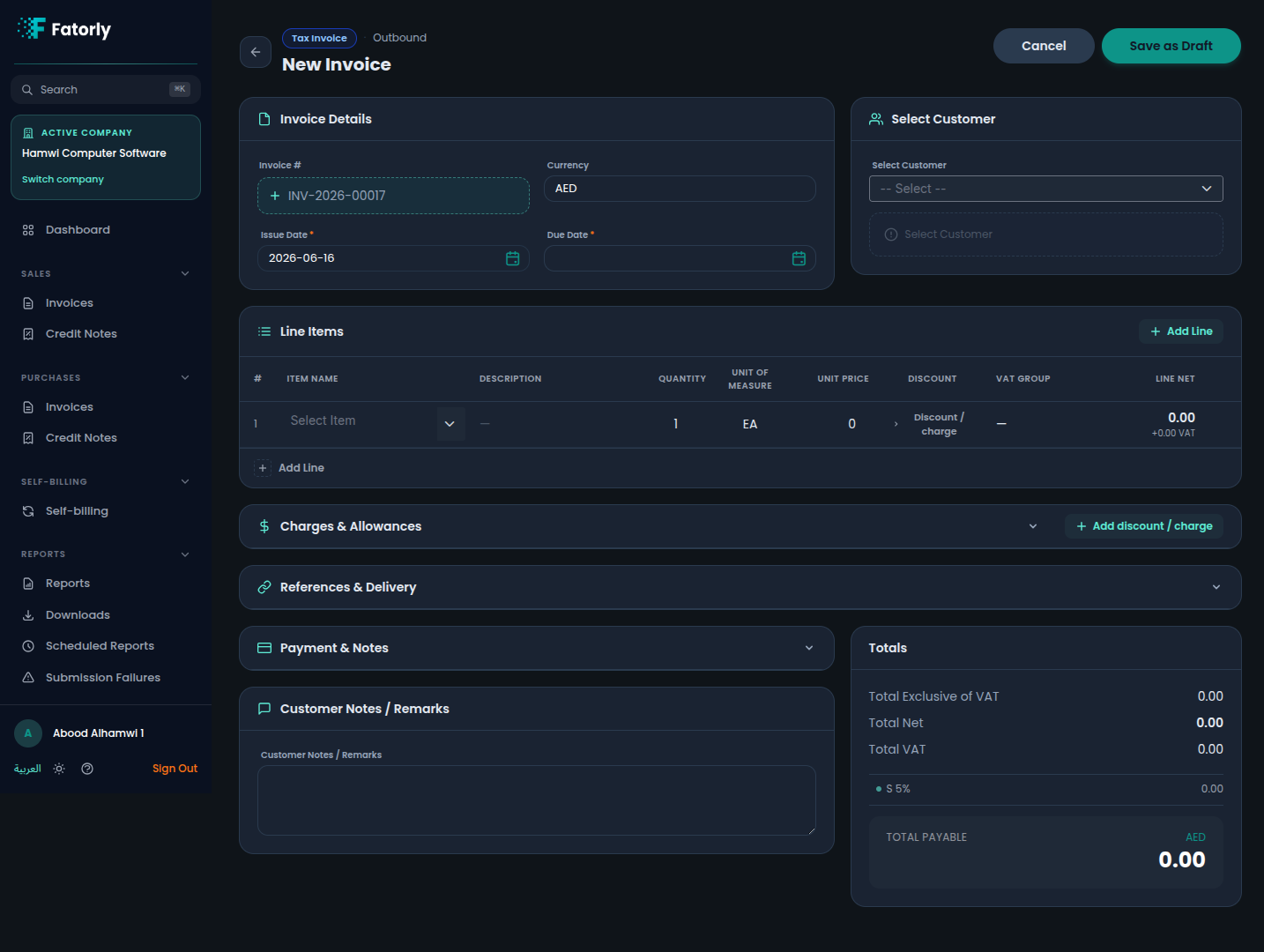 The empty Fatorly invoice editor
