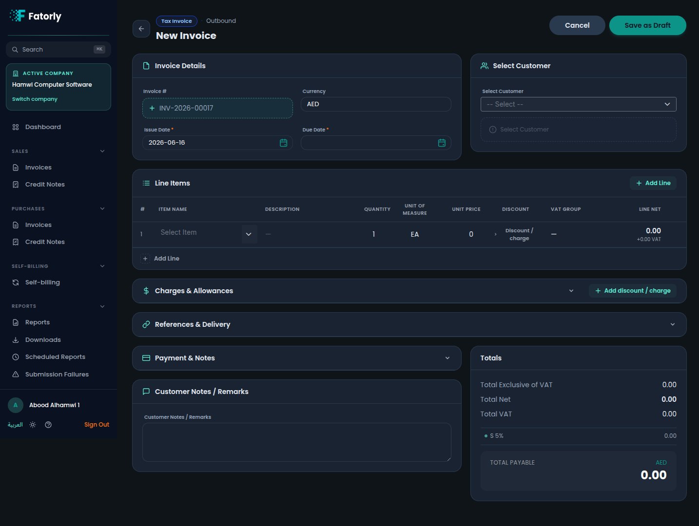The empty Fatorly invoice editor
