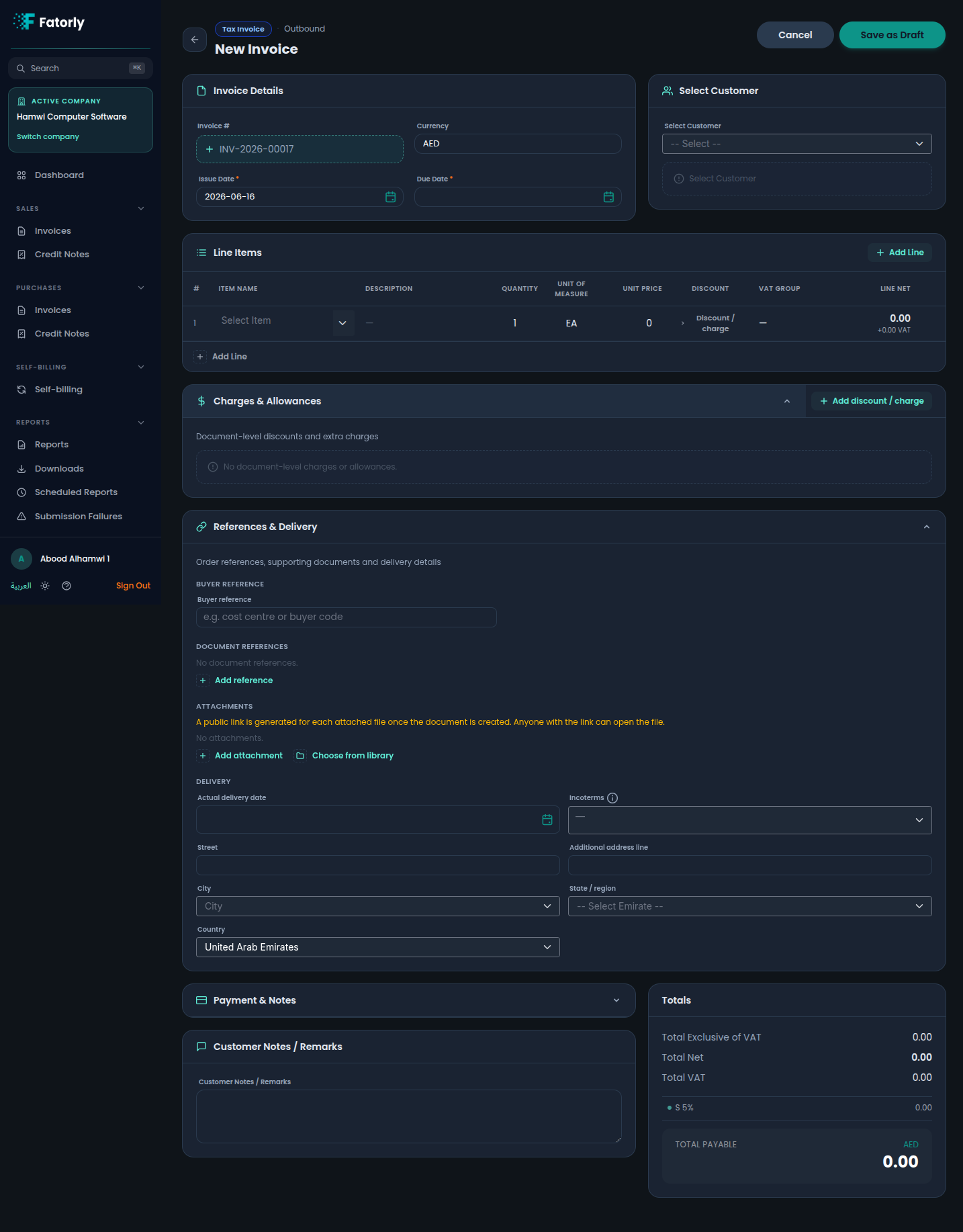 Invoice editor with the Charges & Allowances and References & Delivery sections expanded